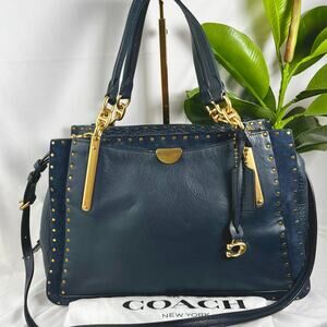 COACH Dreamer 36 With Rivets Brass Navy Leather Satchel 31020